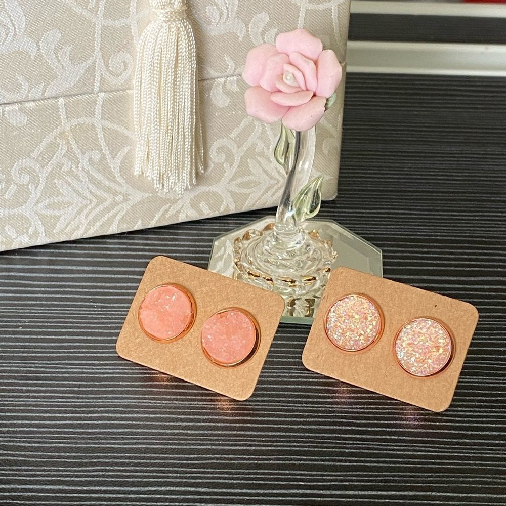 Chunky Coral Druzy Cabochon on Rose Gold Plated Studs Earrings
